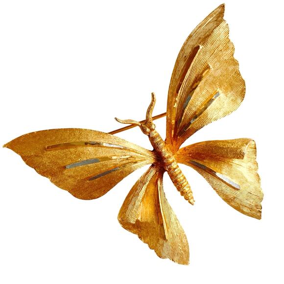Vintage Jewelry - VTG Signed BSK Brooch 1960s Butterfly Textured Gold Tone Pin Mid Century